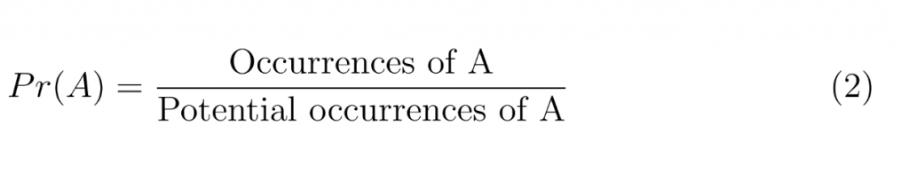 Equation 2: The probability of A equals the number of occurrences of A divided by the number of potential occurrences of A.