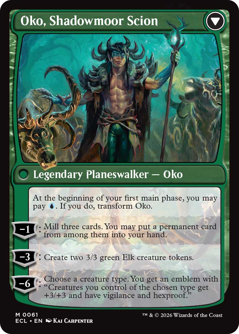 Oko, Shadowmoor Scion, the rear face of Oko, Lorwyn Liege. Image credit: Wizards of the Coast