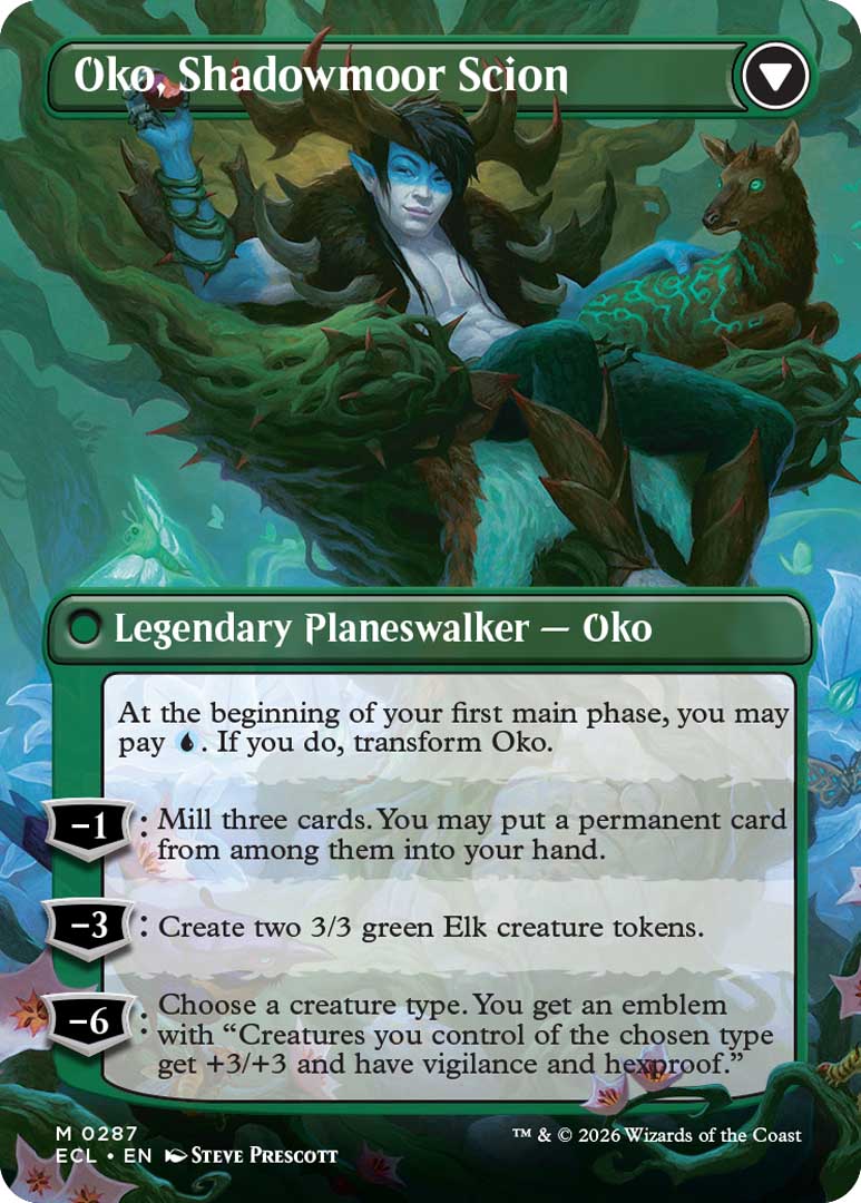 Showcase Oko, Shadowmoor Scion, the rear face of Oko, Lorwyn Liege. Image credit: Wizards of the Coast